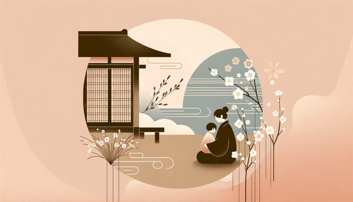 A japanese house with a woman sitting in front of it.